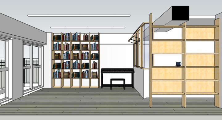 リビングのリノベーション設計イメージ。ピアノを置くスペースと本棚を造作