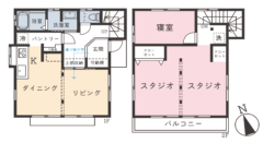 リノベーション後の間取り図。１階は玄関スペースを広くとり、下駄箱の横の壁と押し入れの壁を取って、玄関からリビングへ直接行けるように工夫。１〜２階ともに空間を仕切る壁を撤去し、筋交（すじかい）を残しながらも広い空間を叶えた。